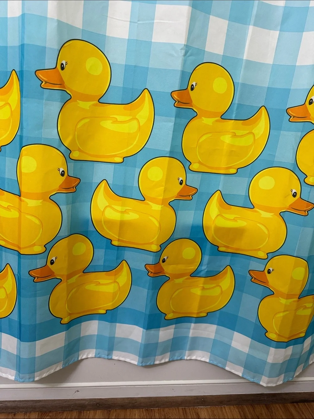 Bright Yellow Rubber Duck Shower Curtain on Blue Gingham
